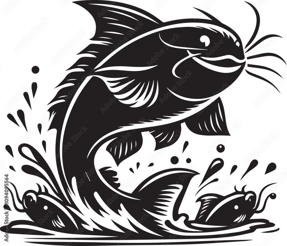 Fototapeta premium Playful catfish leaping out of water with a smile silhouette