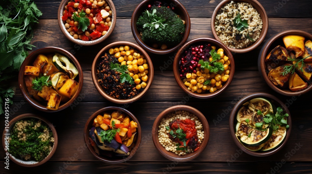 Rustic Wooden Table Filled with Vegetarian Dishes and Ingredients Rustic Wooden Table Filled with Vegetarian Dishes and Ingredients