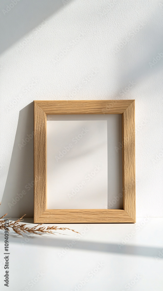 wooden frame with blank white canvas mockup on white table with natural light and shadows wooden frame with blank white canvas mockup on white table with natural light and shadows
