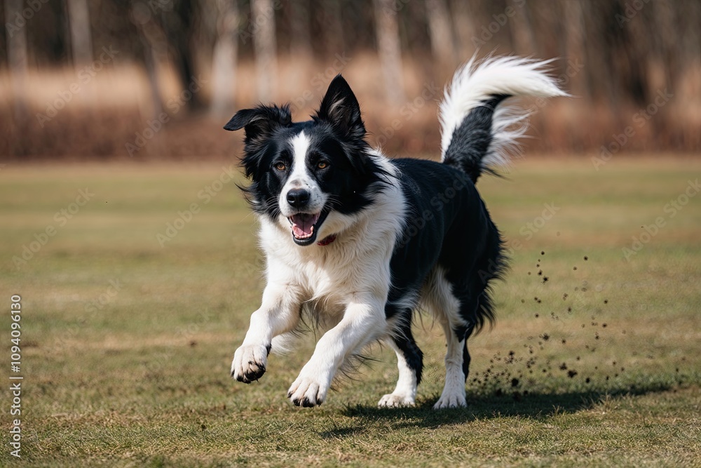 Dynamic Black and White Dog Playing Outdoors Dynamic Black and White Dog Playing Outdoors