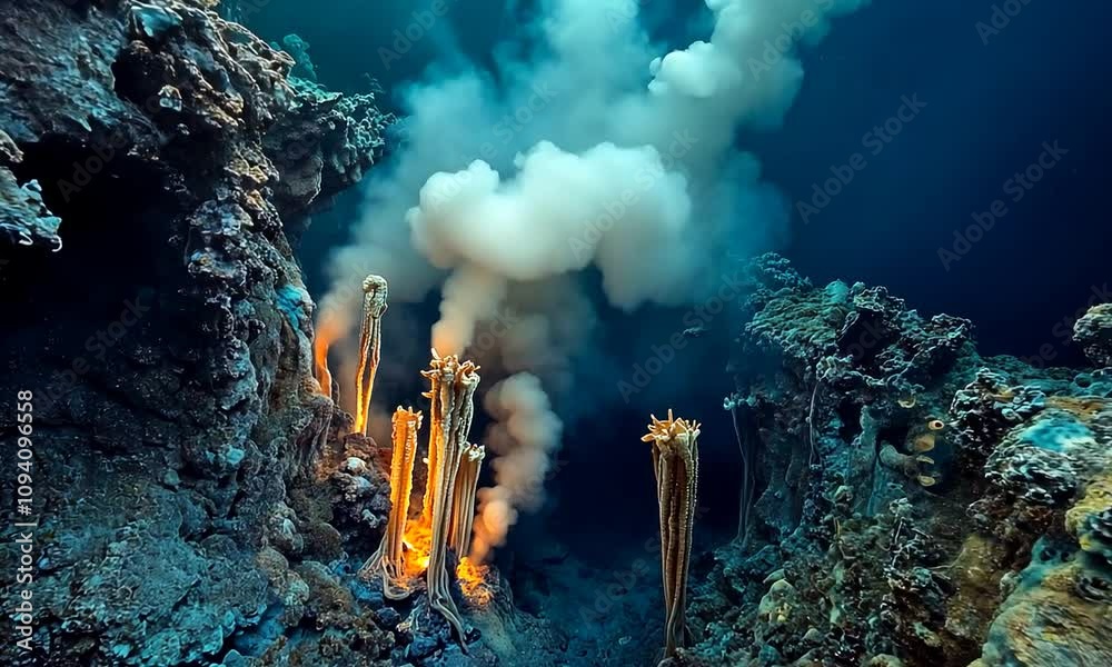 Underwater hydrothermal vent with plumes of smoke and unique organisms.