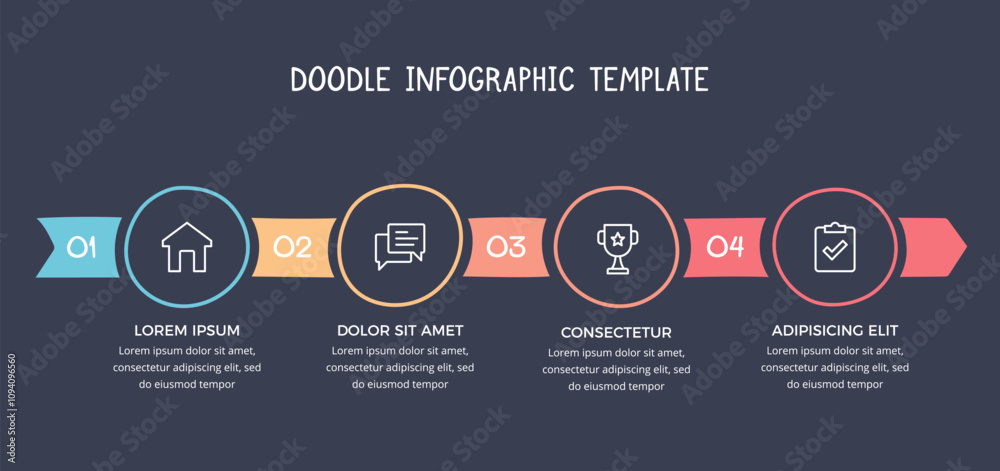 Fototapeta premium Hand drawn infographic template - arrow with 4 connected circles with place for your icons and text, dark background, vector eps10 illustration