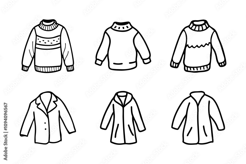 Outline icons of a coat and sweater, symbolizing fashion or winter wear. Outline icons of a coat and sweater, symbolizing fashion or winter wear.