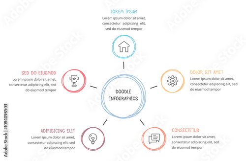 Doodle infographics, hand drawn circle diagram template with 5 elements, vector eps10 illustration