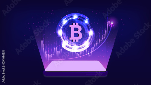 Smartphone App for Bitcoin (BTC) Trading: Real-Time Price Graphs and Hologram Projections. Vector.