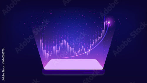 Smartphone Finance App for Stock Trading: Real-Time Price Graphs and Hologram Projections. Vector.