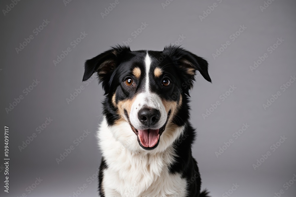 Energetic Black and White Dog Posing for the Camera in a Studio Setting Energetic Black and White Dog Posing for the Camera in a Studio Setting