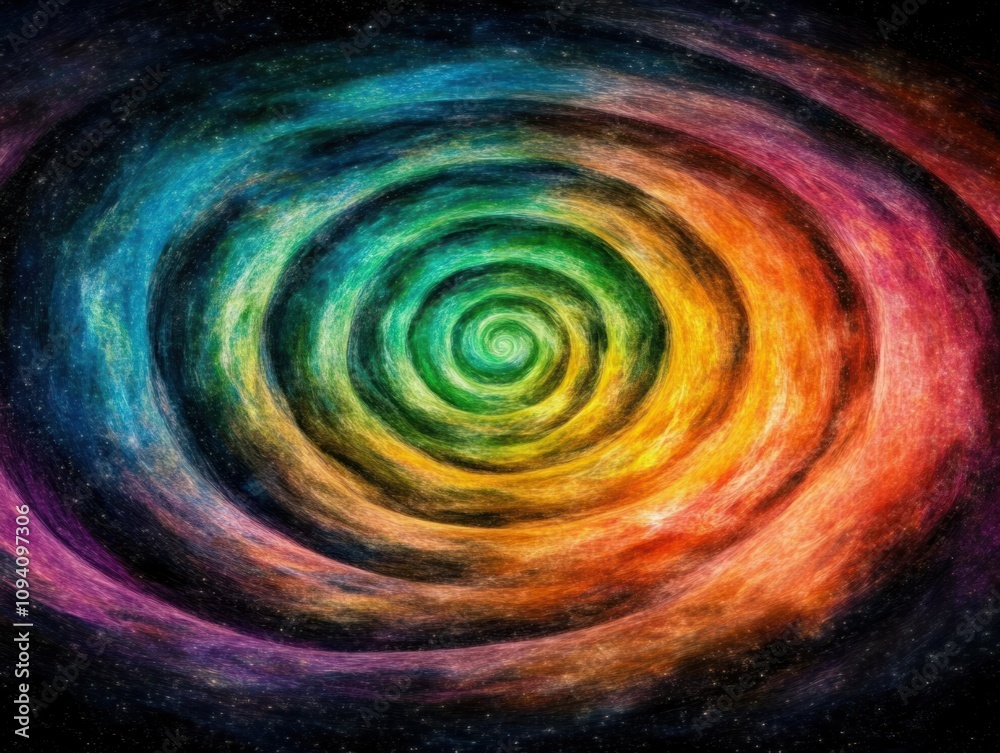 Vibrant Swirling Galaxy with Colorful Spiral Patterns Representing Cosmic Energy and Universal Harmony in a Stunning Abstract Digital Art Scene