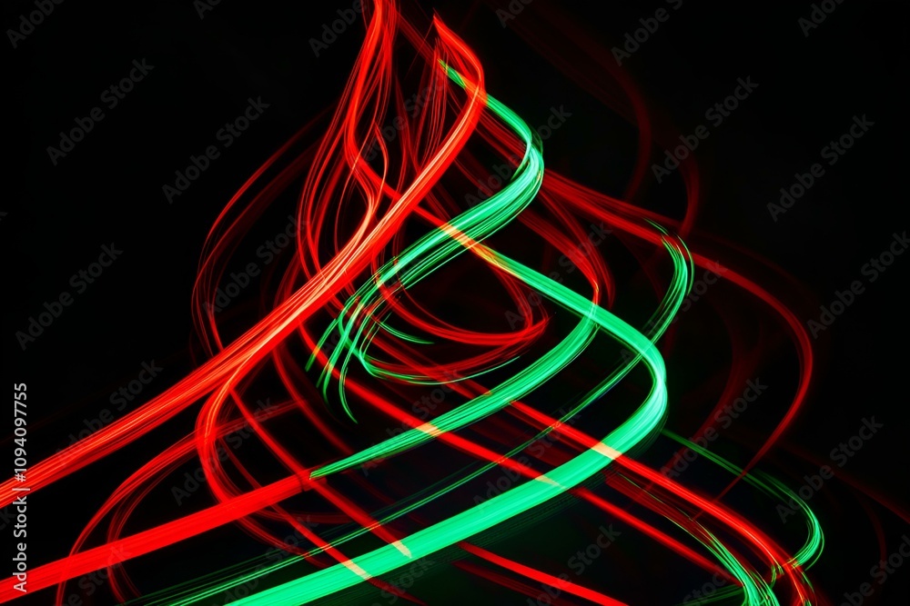 A mesmerizing visual of a Christmas tree constructed from neon light trails in striking red and green hues on a black backdrop. A mesmerizing visual of a Christmas tree constructed from neon light trails in striking red and green hues on a black backdrop.