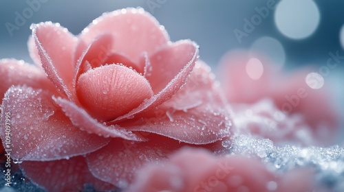 Camellia petals dusted with frost, surrounded by a light snowfall and a soft-focus winter landscape behind.