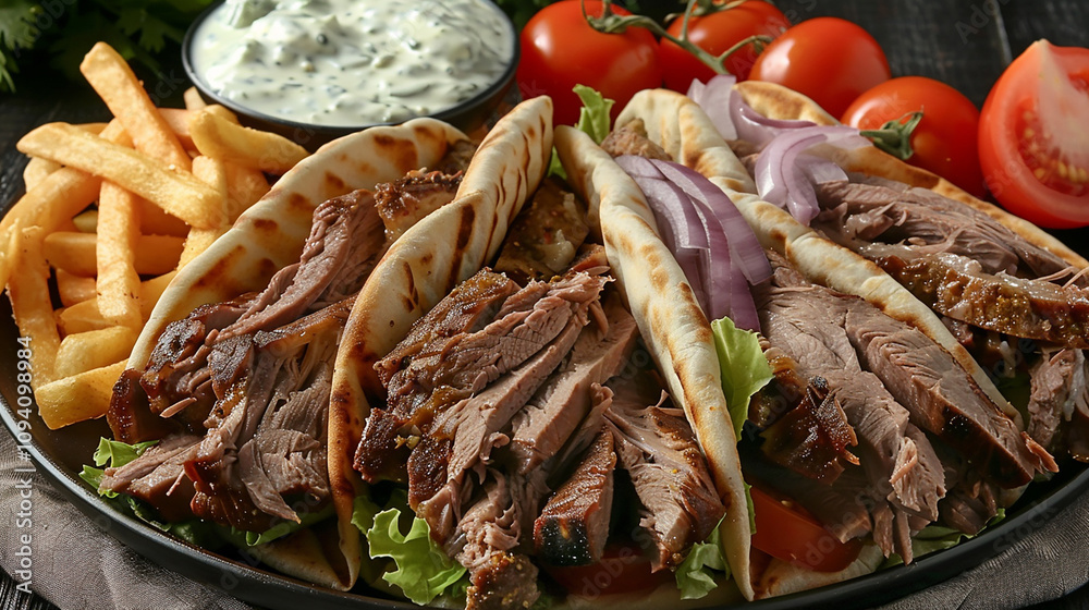 A platter of Greek-style lamb gyro, featuring thinly sliced roasted lamb meat wrapped in warm pita bread, served with tzatziki sauce, tomatoes, onions, and French fries. A platter of Greek-style lamb gyro, featuring thinly sliced roasted lamb meat wrapped in warm pita bread, served with tzatziki sauce, tomatoes, onions, and French fries.