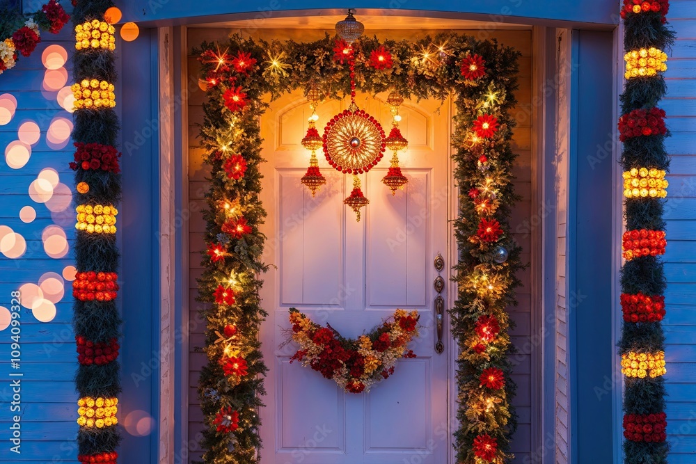 Stunning Diwali Festival Lights Adorning Doorway with Enchanting Bokeh Effects During Twilight Celebrations Stunning Diwali Festival Lights Adorning Doorway with Enchanting Bokeh Effects During Twilight Celebrations