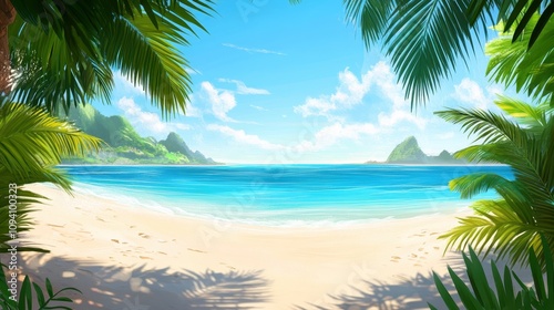 A serene tropical beach scene with clear water, lush greenery, and distant hills.