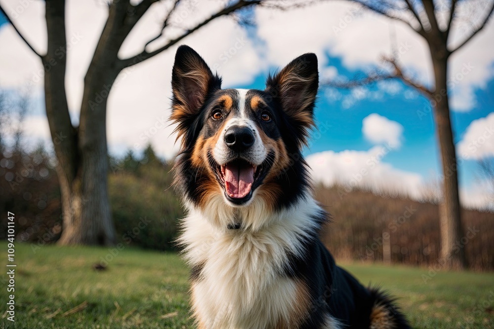 Happy Black and White Shepherd Dog Smiling in Outdoor Adventure Happy Black and White Shepherd Dog Smiling in Outdoor Adventure
