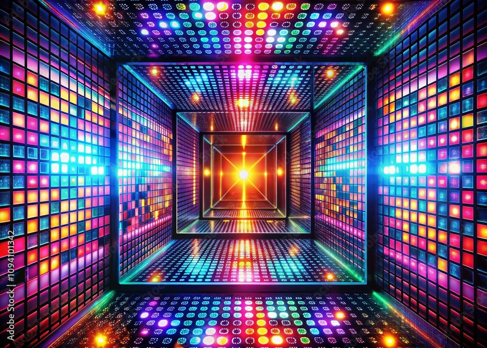 Vibrant Technology Design Featuring a Geometric Square Pattern Grid with Flashing Bright Lights on a Disco Display for Modern Digital Art Enthusiasts Vibrant Technology Design Featuring a Geometric Square Pattern Grid with Flashing Bright Lights on a Disco Display for Modern Digital Art Enthusiasts