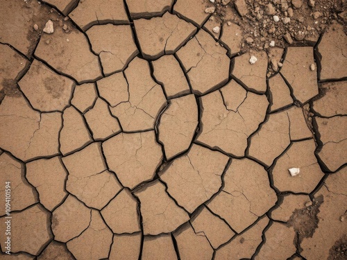 Cracked earth with dried mud and scattered pebbles, desert