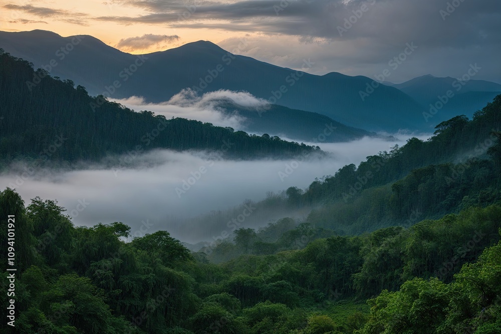 Fototapeta premium Dawn in a Rainy Forest with Lush Greenery and Misty Mountains