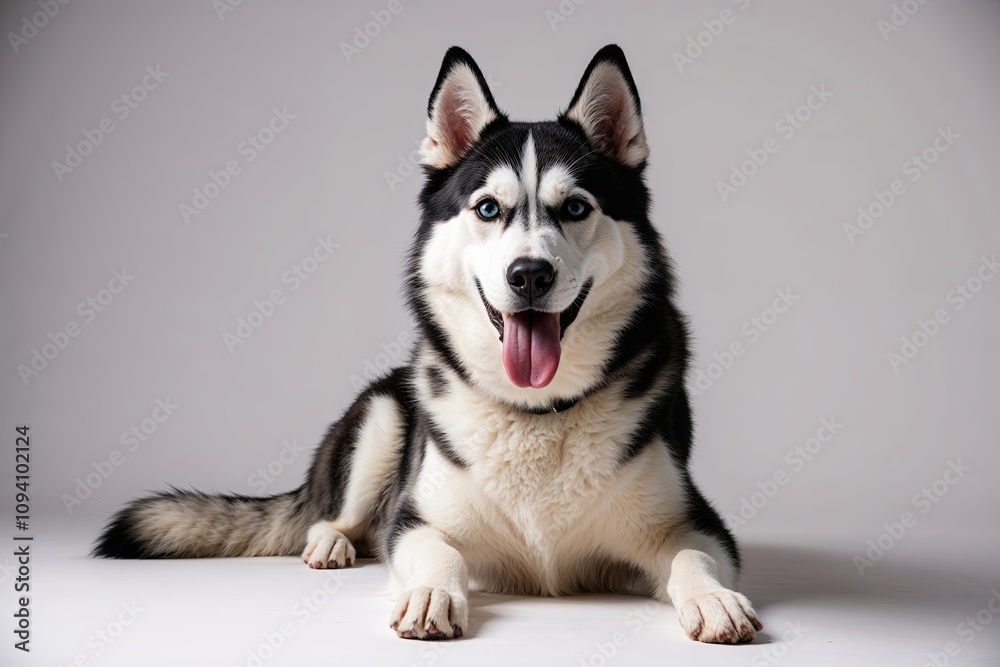 Fototapeta premium Playful Black and White Husky Dog Sticking Tongue Out in Studio Setting