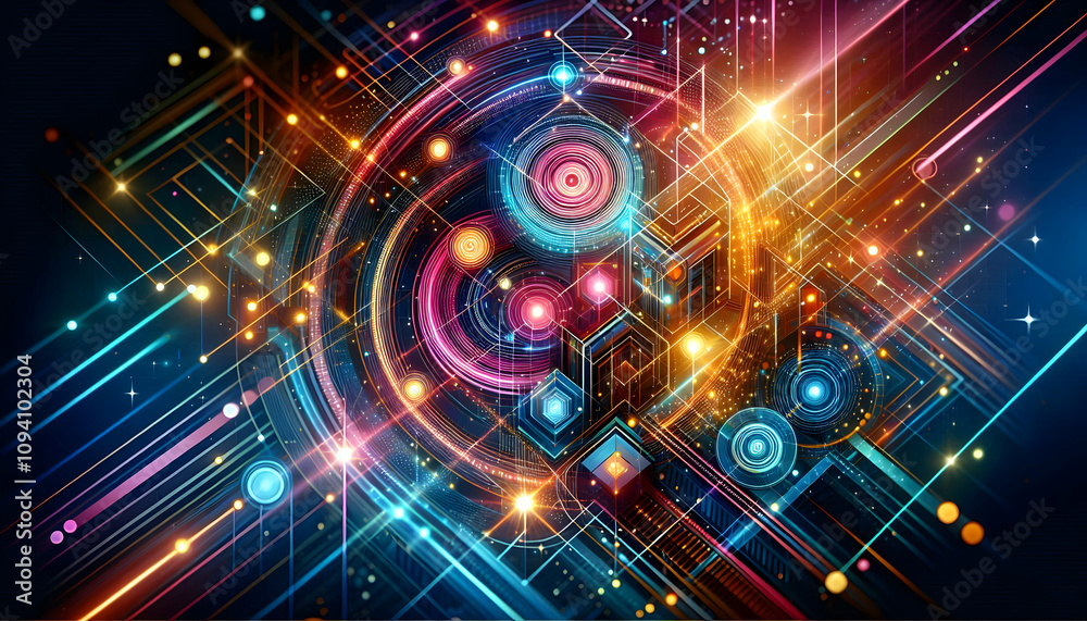 abstract A multi-layered geometric background with neon stripes, glowing circles, and shimmering light effects creating a vibrant ambiance (2) abstract A multi-layered geometric background with neon stripes, glowing circles, and shimmering light effects creating a vibrant ambiance (2)