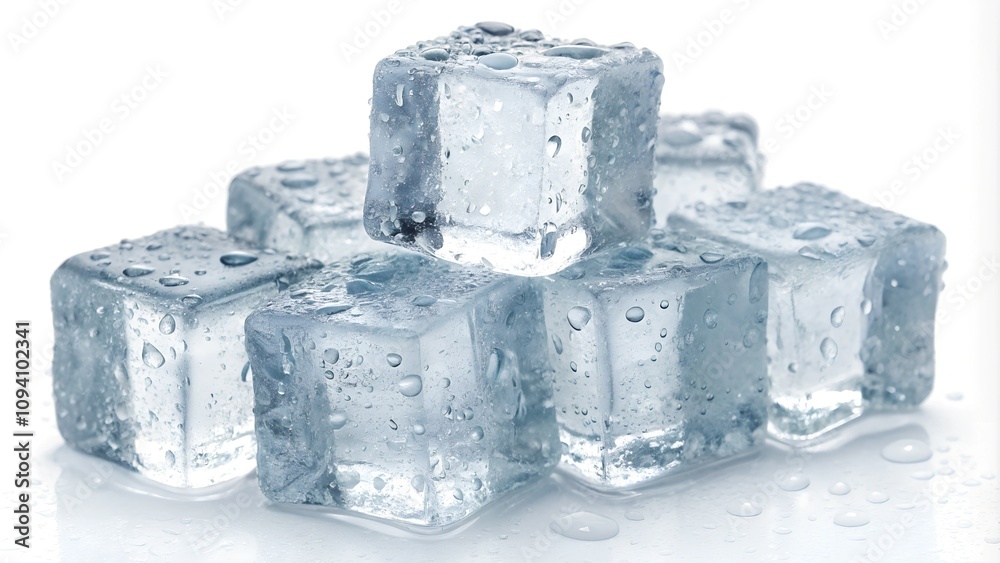 Crystal clear isolated ice cubes stacked together on white background Crystal clear isolated ice cubes stacked together on white background