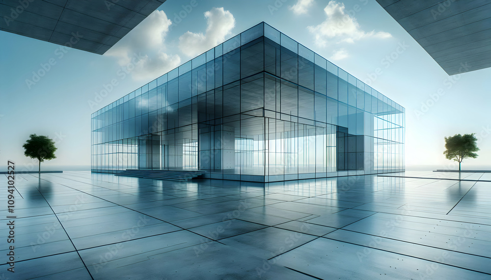 architecture A minimalist futuristic glass building with expansive glass walls reflecting the sky, while the empty concrete floor evokes a sense of potential and open space architecture A minimalist futuristic glass building with expansive glass walls reflecting the sky, while the empty concrete floor evokes a sense of potential and open space