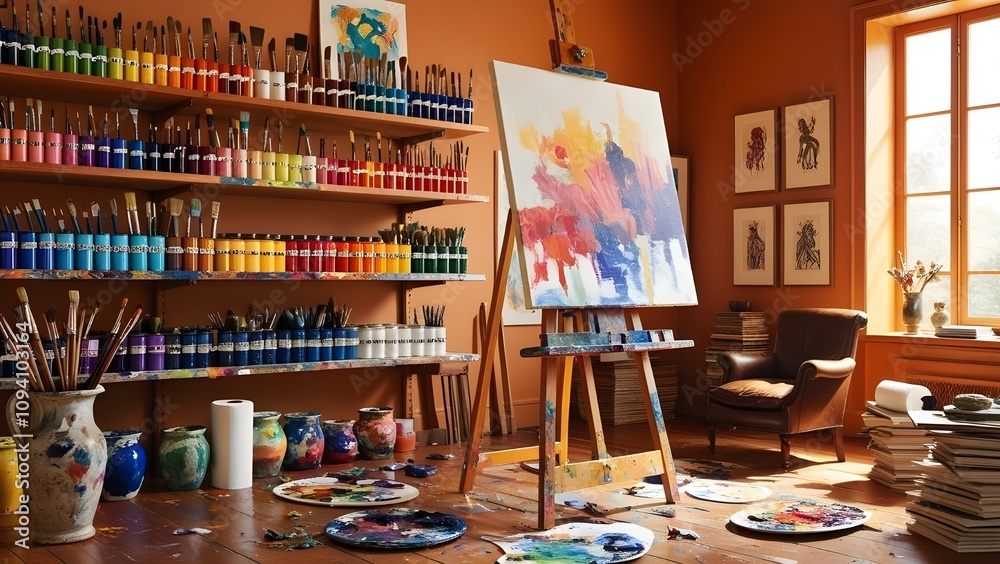 Mixed paints, blank postcards, art tools, warm desk lamp, creative workspace, artistic setup, vibrant tabletop, crafting essentials, painting supplies, art studio lighting. Mixed paints, blank postcards, art tools, warm desk lamp, creative workspace, artistic setup, vibrant tabletop, crafting essentials, painting supplies, art studio lighting.