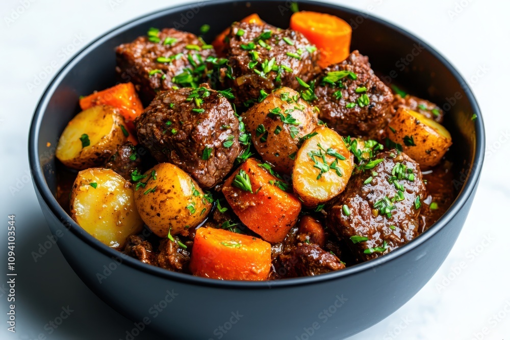 Savor the richness of hearty beef stew with tender chunks and carrots in cozy home kitchen Savor the richness of hearty beef stew with tender chunks and carrots in cozy home kitchen