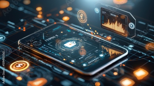 Interactive mobile banking interface digital realm futuristic design high-tech environment close-up view user experience