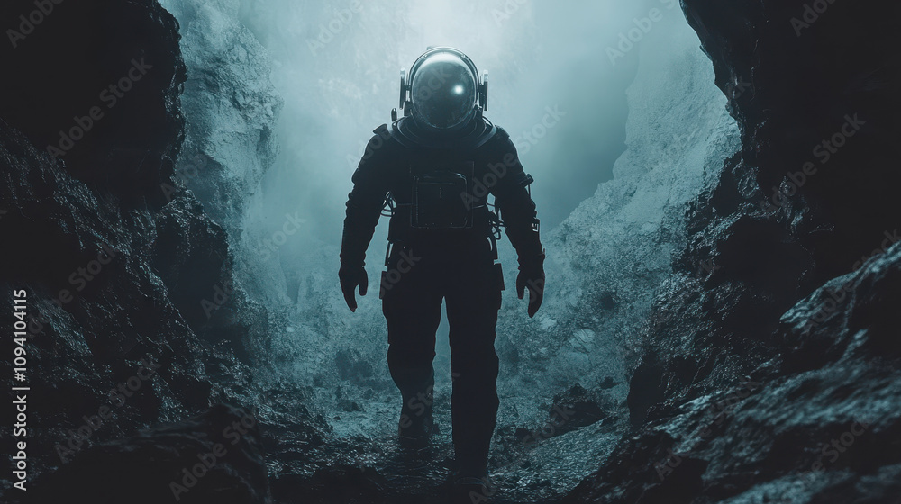 human in spacesuit explores dark, misty cave, showcasing blend of adventure and mystery. atmosphere is eerie and captivating, highlighting unknown human in spacesuit explores dark, misty cave, showcasing blend of adventure and mystery. atmosphere is eerie and captivating, highlighting unknown