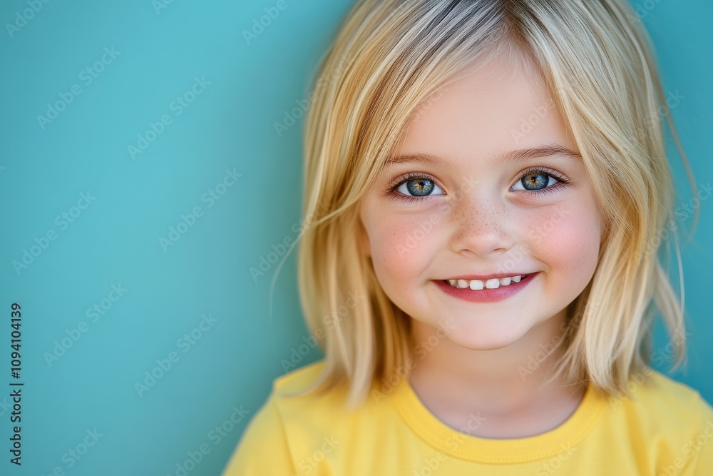 A young girl with blue eyes and blonde hair smiles gently, her innocence framed by a soft blue background and turquoise background. A young girl with blue eyes and blonde hair smiles gently, her innocence framed by a soft blue background and turquoise background.