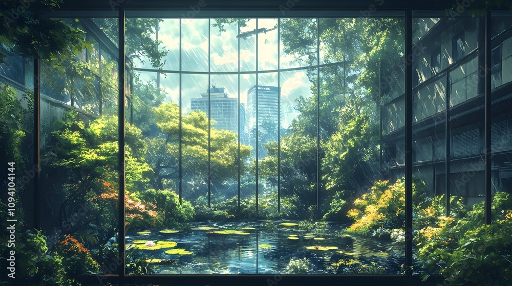 A serene view of lush greenery and a tranquil pond through large glass windows.