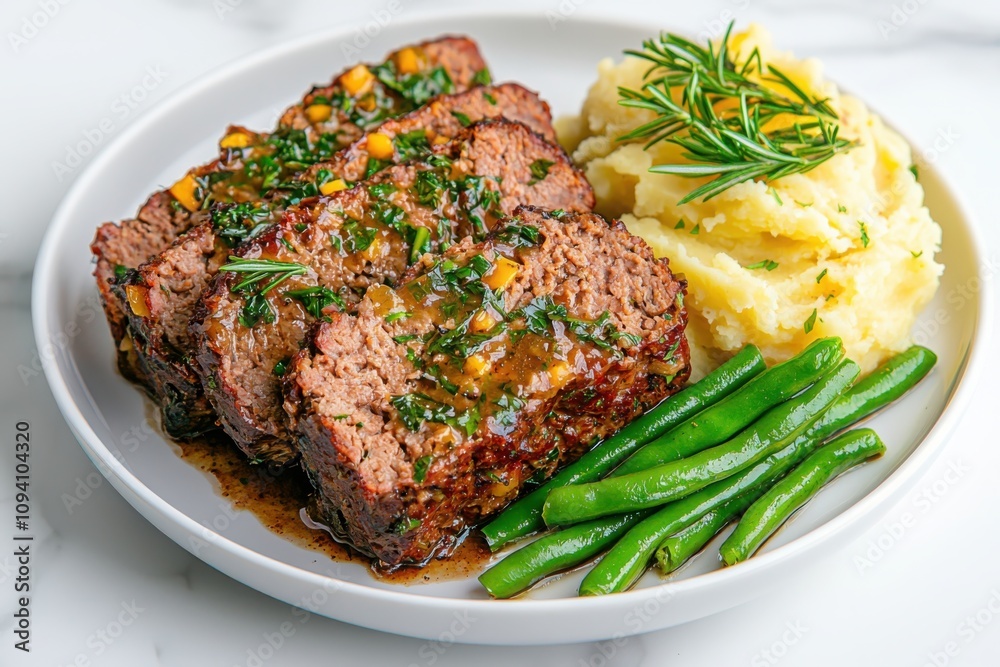 Savor the flavor sliced meatloaf with rich gravy and fluffy mashed potatoes in a cozy kitchen setting Savor the flavor sliced meatloaf with rich gravy and fluffy mashed potatoes in a cozy kitchen setting