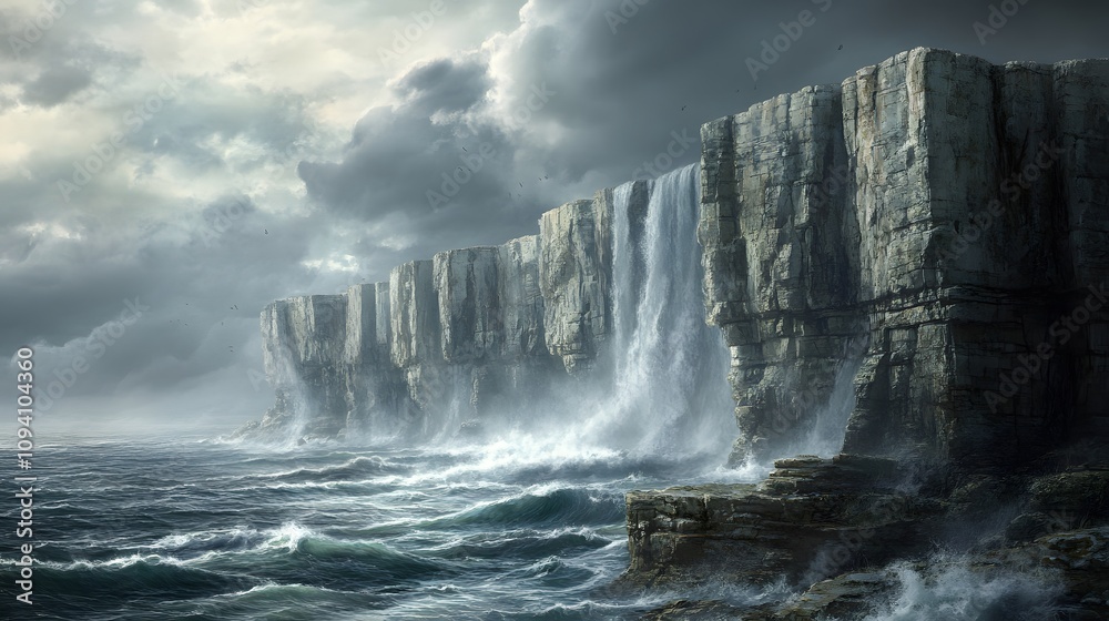 Majestic cliffs with a dramatic waterfall cascading into turbulent sea waves. Majestic cliffs with a dramatic waterfall cascading into turbulent sea waves.