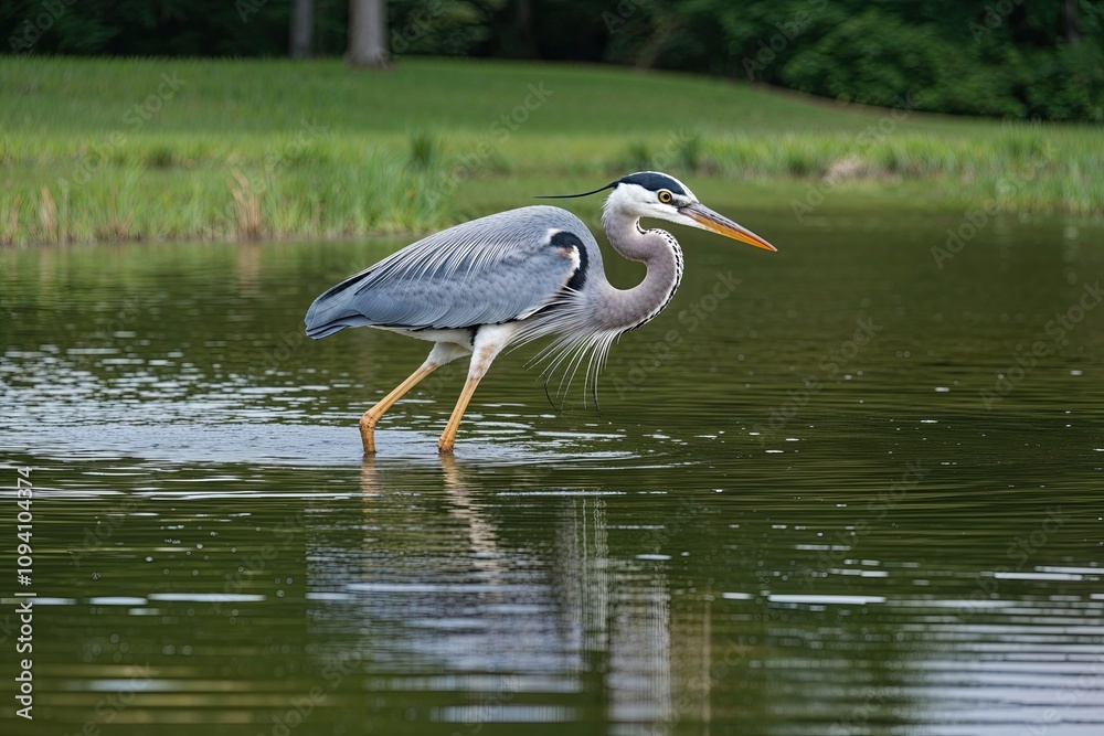 Naklejka premium Blue Heron Wading Through Tranquil Lake in Serene Water