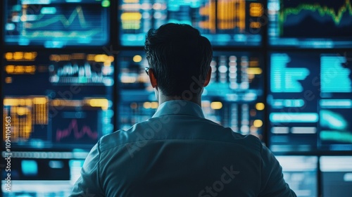 Businessman analyzing data on multiple screens in a dark room.