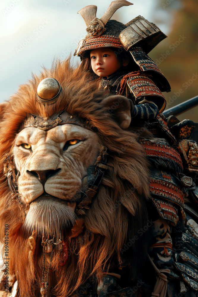 Child in samurai armor riding a majestic lion in a serene landscape. Child in samurai armor riding a majestic lion in a serene landscape.