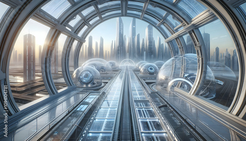 architecture A futuristic 3D architectural space with open air walkways, transparent domes, and a futuristic cit3