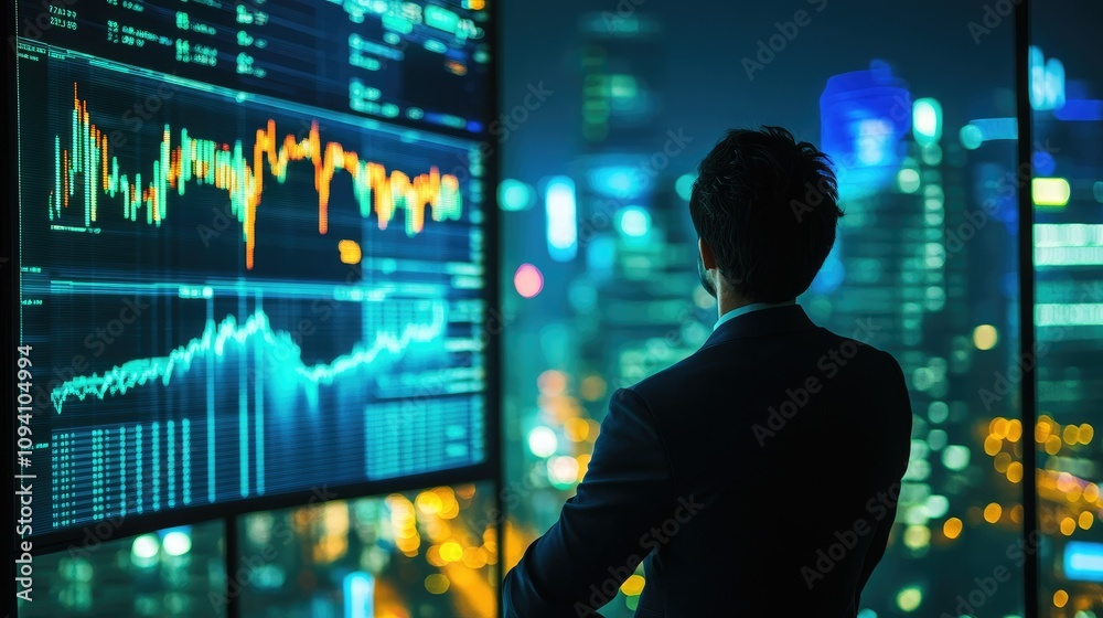 Businessman looking at data charts in an office overlooking a city at night.