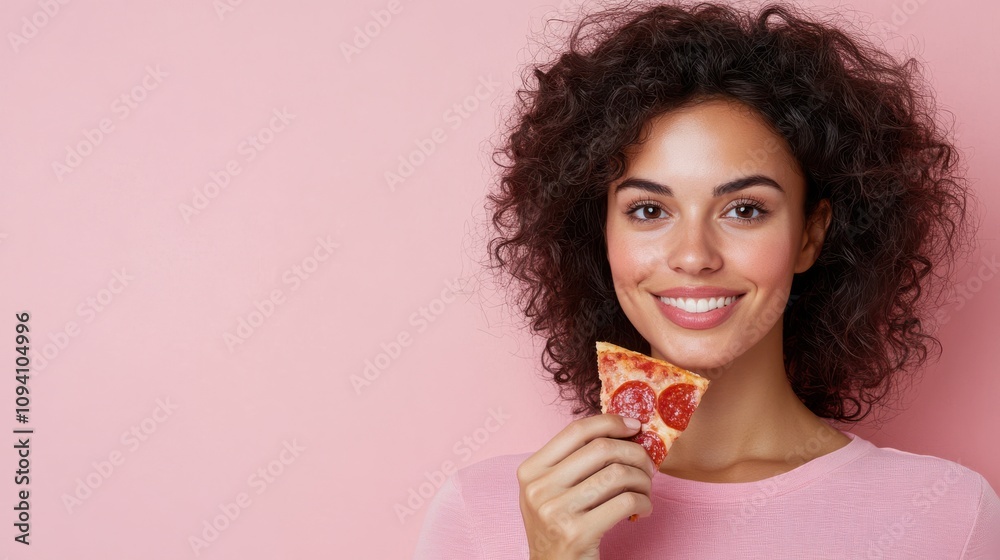 A smiling woman with curly hair holds a slice of pepperoni pizza, radiating joy against a soft pink background. A smiling woman with curly hair holds a slice of pepperoni pizza, radiating joy against a soft pink background.
