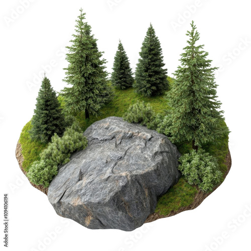 3D isometric terrain with coniferous trees and stones on transparent background.