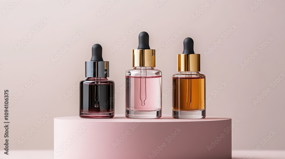 Three refined glass dropper bottles with golden caps sit gracefully on a pastel podium, embodying elegance and luxury in minimalist design. Three refined glass dropper bottles with golden caps sit gracefully on a pastel podium, embodying elegance and luxury in minimalist design.
