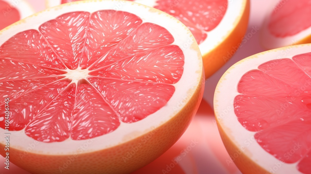 Close up 3D Render of Whole and Sliced Grapefruit with Pink and Red Hues Close up 3D Render of Whole and Sliced Grapefruit with Pink and Red Hues