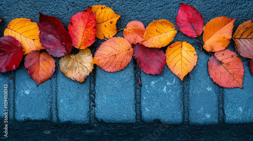 autumn leaves filling a residential gutter before winter season begins, capturing the transition from fall to winter as vibrant foliage decays, highlighting seasonal change and home maintenance photo