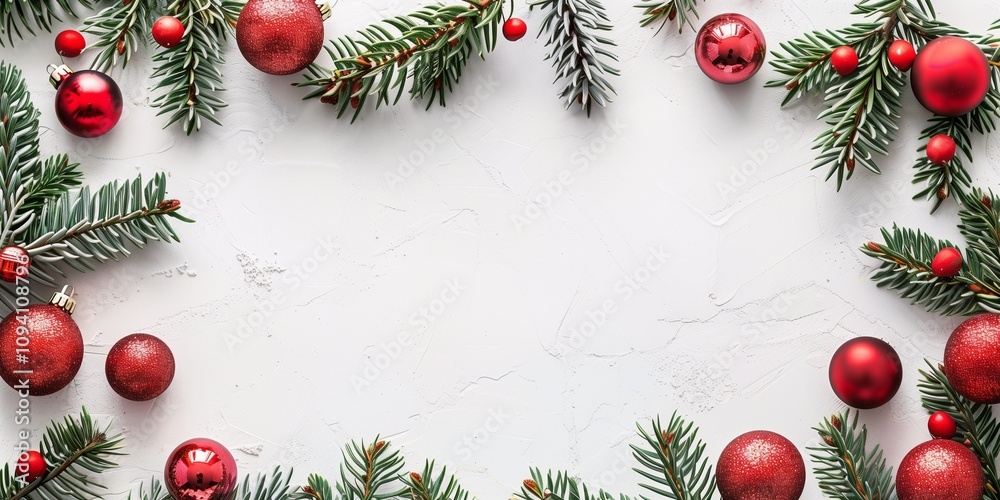 Christmas Fir Branches with Red Baubles and Copy Space Christmas Fir Branches with Red Baubles and Copy Space
