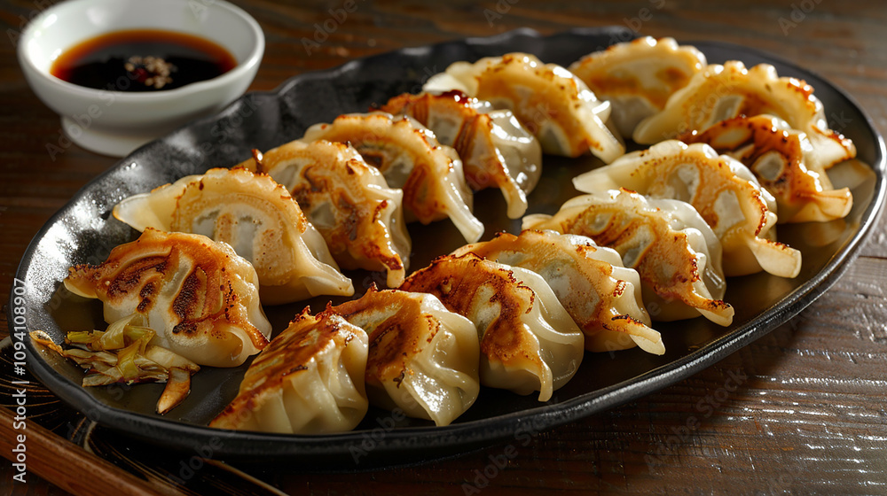 A platter of gyoza dumplings, with crispy pan-fried wrappers filled with seasoned ground pork, cabbage, and garlic, served with soy sauce and vinegar dipping sauce. A platter of gyoza dumplings, with crispy pan-fried wrappers filled with seasoned ground pork, cabbage, and garlic, served with soy sauce and vinegar dipping sauce.