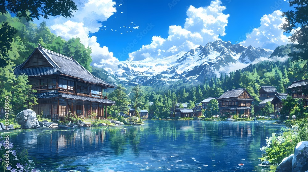 Serene landscape featuring traditional wooden houses by a peaceful lake surrounded by mountains. Serene landscape featuring traditional wooden houses by a peaceful lake surrounded by mountains.