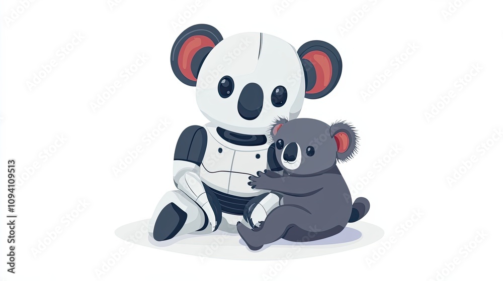 A White and Grey Robot Koala Hugging a Grey Koala A White and Grey Robot Koala Hugging a Grey Koala