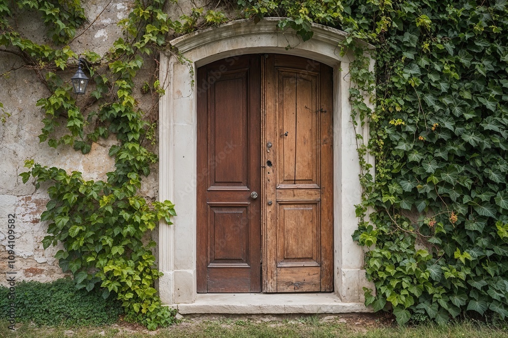 Antique Wooden Door Surrounded by Ivy on Rustic Wall in Charming Setting Antique Wooden Door Surrounded by Ivy on Rustic Wall in Charming Setting