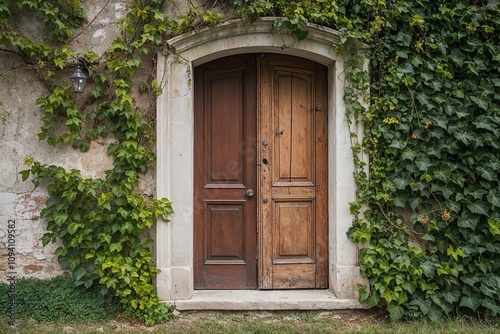 Antique Wooden Door Surrounded by Ivy on Rustic Wall in Charming Setting