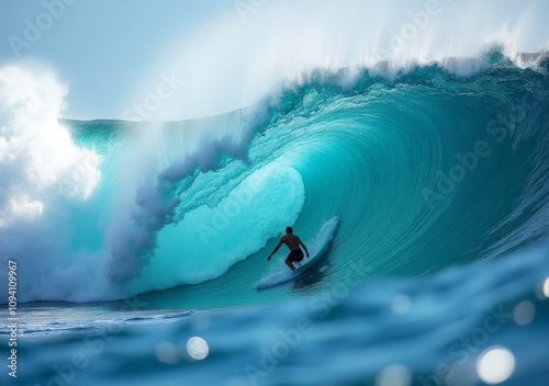 Surfer catches a perfect wave at sunset in a tropical paradise location